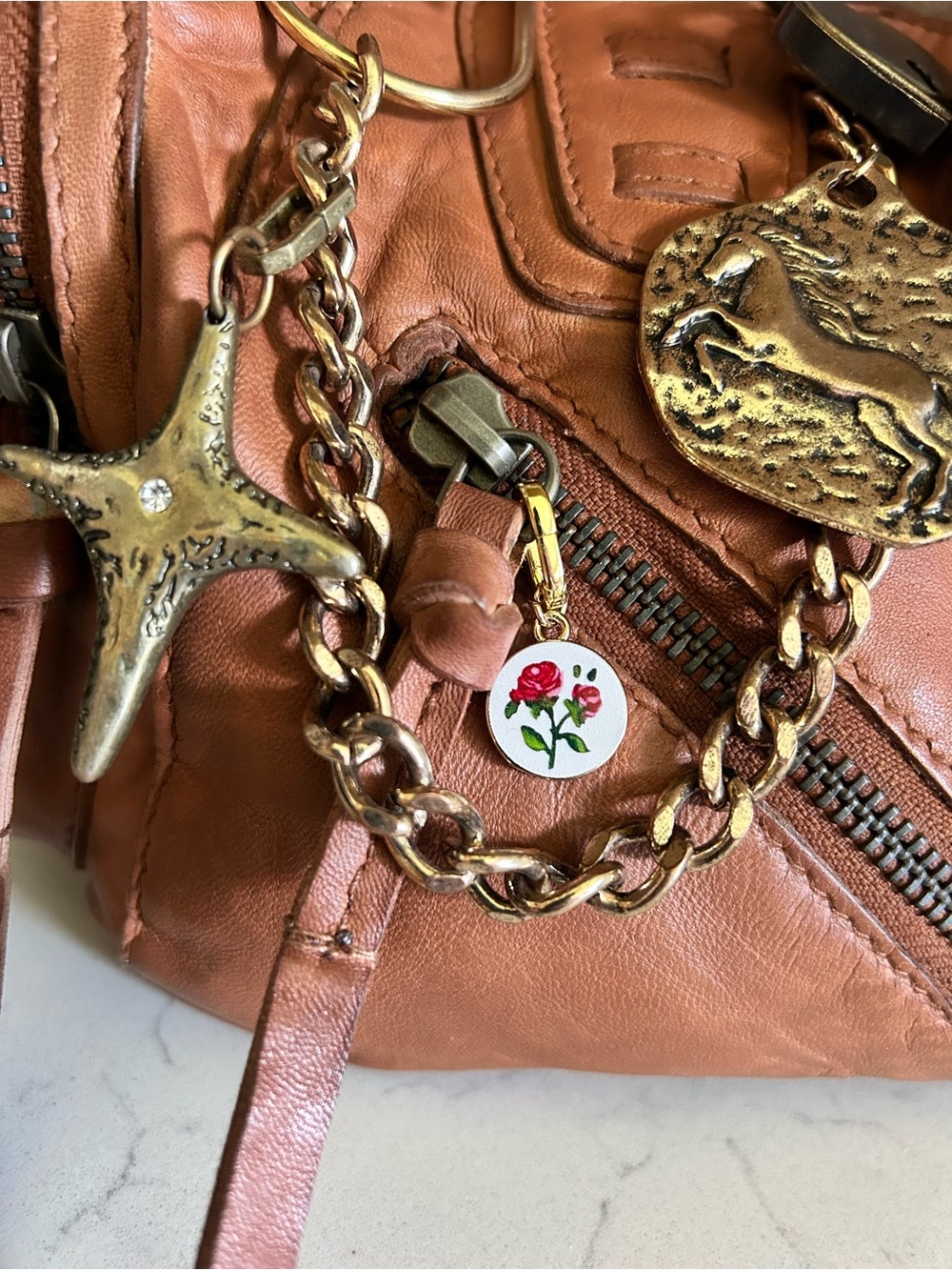 NWT Free People Sabo East West Bag in Saddle With Charms & Scarf - Picture 10 of 16